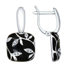 Серьги из серебра с черной эмалью с фианитами Серьги из серебра с черной эмалью с фианитами